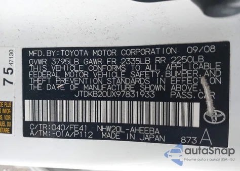 2009 Toyota Prius z USA, uszkodzony, nr VIN JTDKB20UX97831933